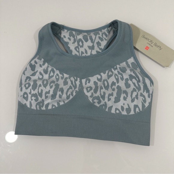 NWT Sweaty Betty‎ [ Medium ] Leopard Jacquard Stamina Sports Bra Vapour Blue - Picture 4 of 11